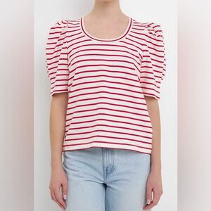 English Factory Red & White Stripe Pleated Puff Sleeve Top – Medium